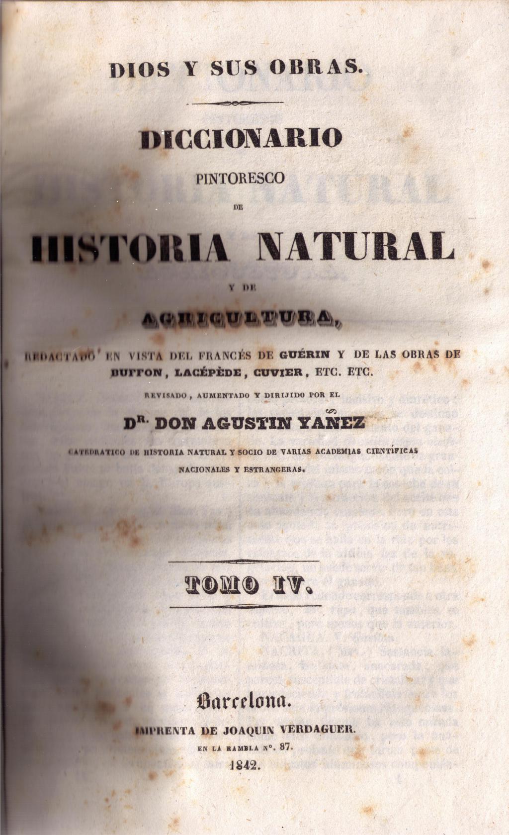 Coberta de Diccionario pintoresco de historia natural y de agricultura (Tom IV)